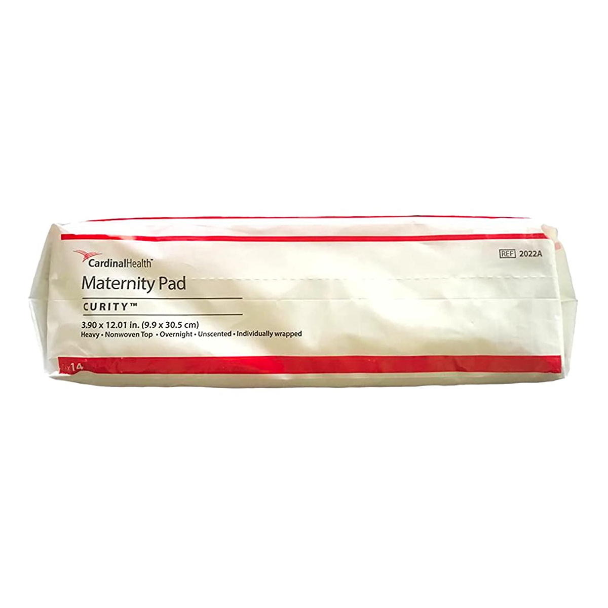 Cardinal Health Curity OB Maternity Pad, Heavy—overnight, unscented, individually wrapped (3.90 x 12.01 in), white and red; provides comfort and protection for postpartum needs.