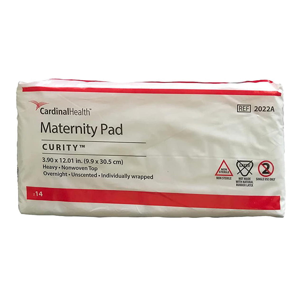 A package of 14 Cardinal Health Curity OB Maternity Pads, Heavy, offers unscented postpartum pads with high absorbency for overnight or heavy flow. The mainly white pack with red accents emphasizes their individually wrapped design.