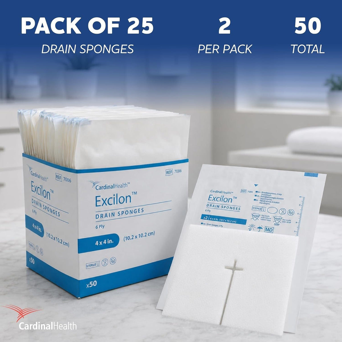 Cardinal Health Excilon Drain Sponges, 4" x 4", 6-Ply, Sterile 2-Count - 7086--Pack - LL Medico