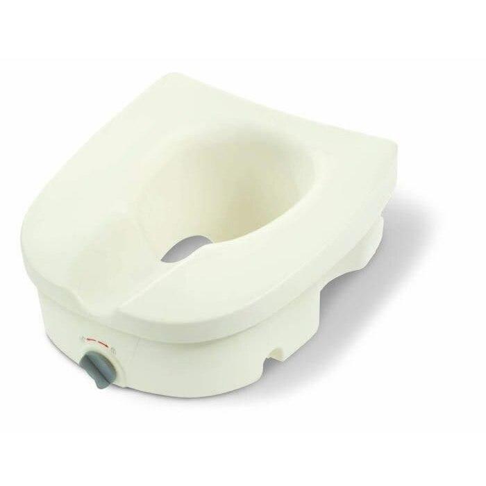 The Cardinal Health Locking Raised Toilet Seat, 5.5, is a white seat with a front locking mechanism for added height and support, making sitting and standing easier.
