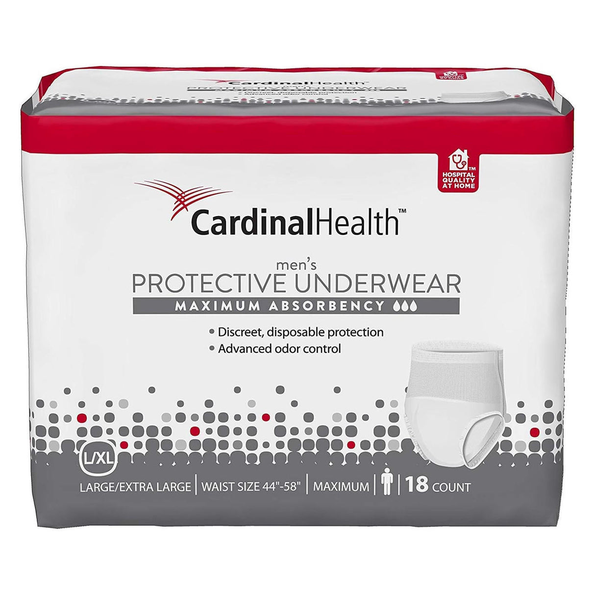 Cardinal Health Mens Protective Underwear, Maximum absorbency, size L/XL (44-58” waist), includes 18 disposable briefs in white and red packaging with product details and image.