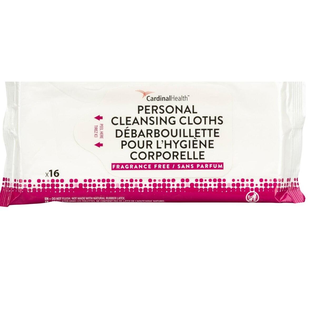 A package of Cardinal Health Personal Cleansing Cloths, fragrance free, featuring English and French text on a white background with a pink dotted design. Each pack contains 16 no-rinse wipes.
