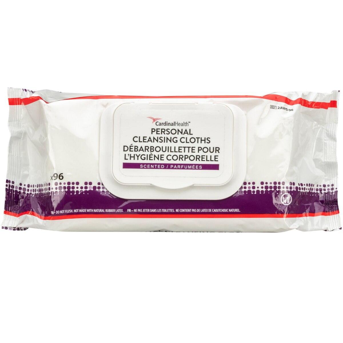 A package of Cardinal Health Personal Cleansing Cloths, scented, in white and purple packaging with English and French labeling, contains 96 no-rinse wipes for personal hygiene.