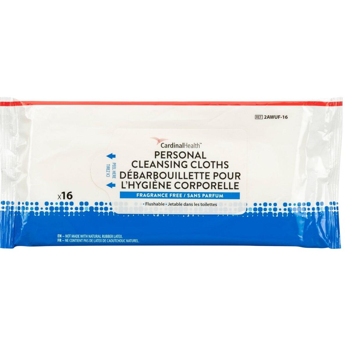 A package of Cardinal Health Personal Cleansing Cloths, fragrance-free, with English and French text, in a blue, white, and red pack containing 16 pre-moistened wipes for convenient personal cleaning.
