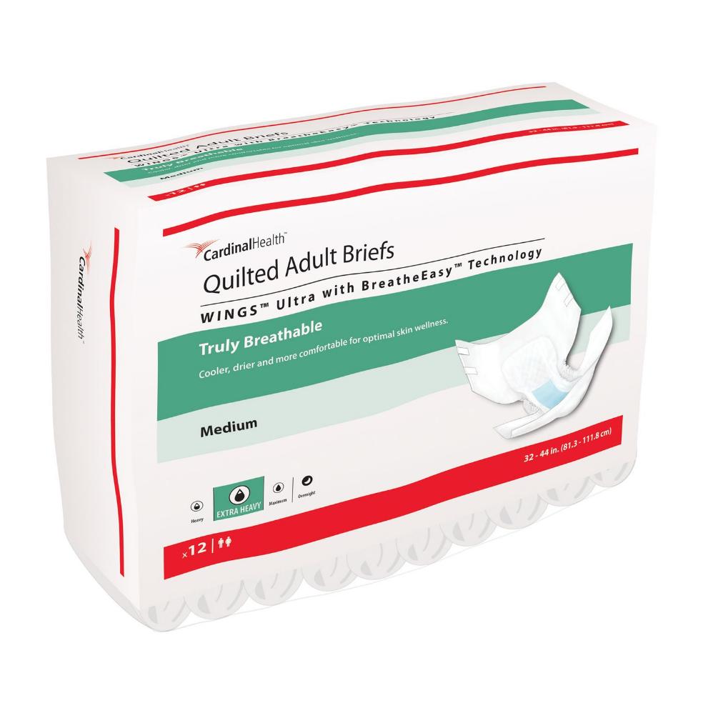 A 12-count pack of Cardinal Health Quilted Adult Briefs Wings Ultra Truly Breathable, Extra Heavy, size medium, featuring a super absorbent design for heavy incontinence and an adult brief image on the package.