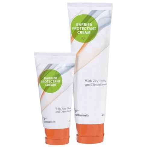 Two tubes of Cardinal Health Skin Barrier Protectant Cream with Manuka Honey, one larger than the other and both with orange caps, stand upright against a white background.