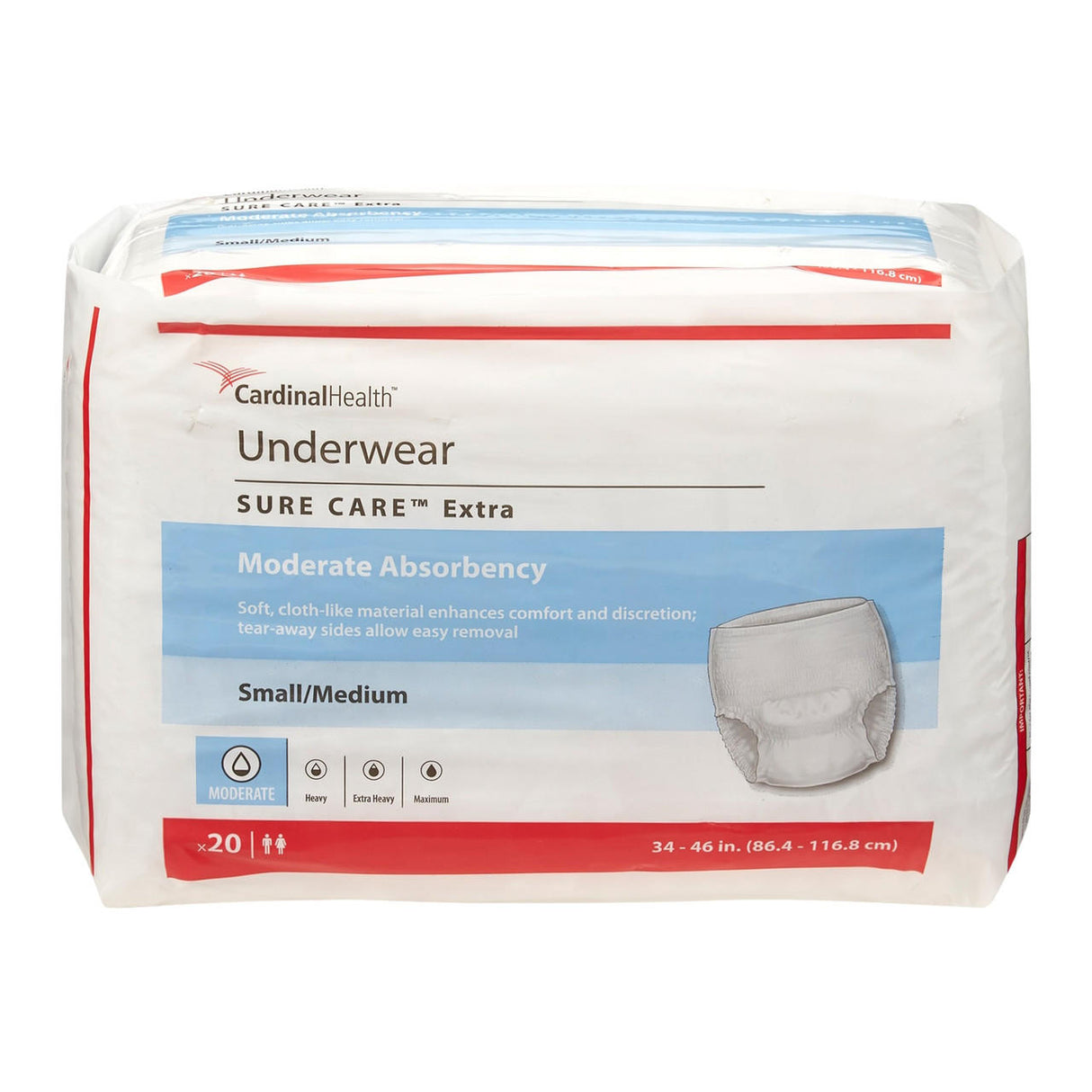 A 20-count pack of Cardinal Health Sure Care Extra Protective Underwear, Moderate absorbency, size small/medium (fits 34-46 in waists). Packaging features an image of the underwear.