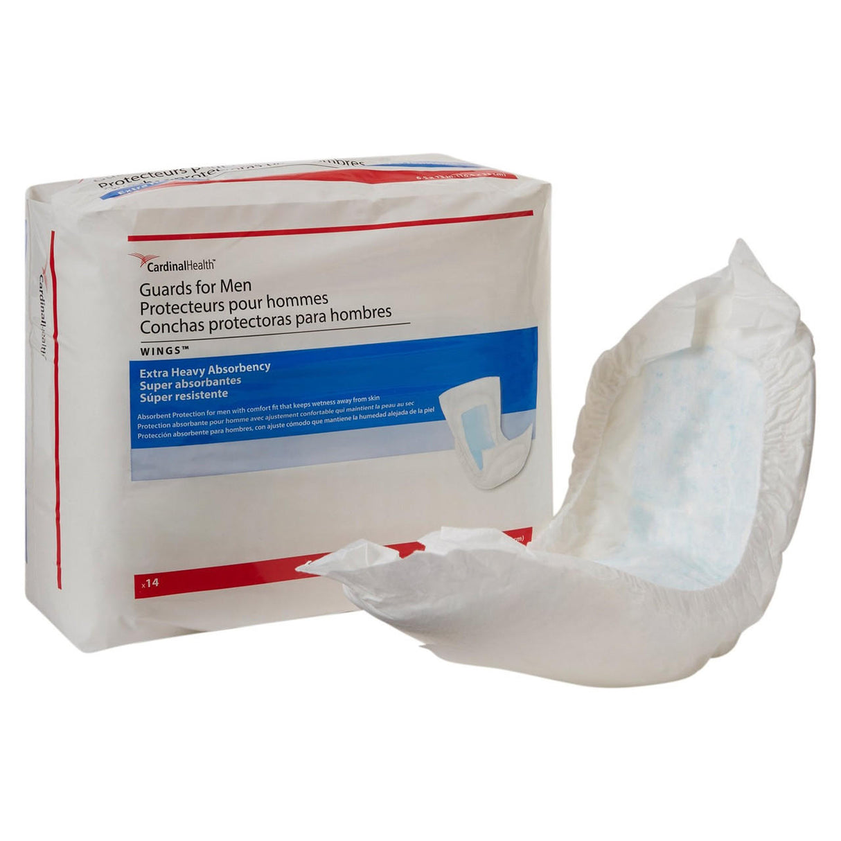 A package of Cardinal Health Sure Care Guards for Men, Extra Heavy, and one opened pad are shown. Designed for extra heavy incontinence protection. Packaging features text in English, French, and Spanish.