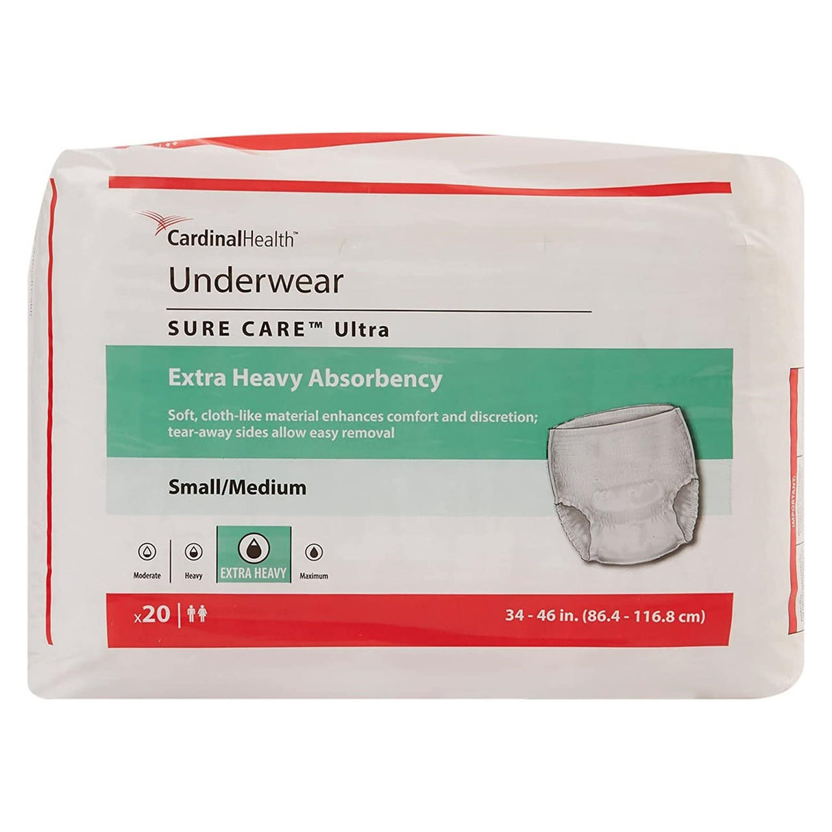 A 20-count pack of Cardinal Health Sure Care Plus Underwear, Extra Heavy Absorbency, size Small/Medium (34–46 waist), comes in white packaging with red and green accents and an image of the product.