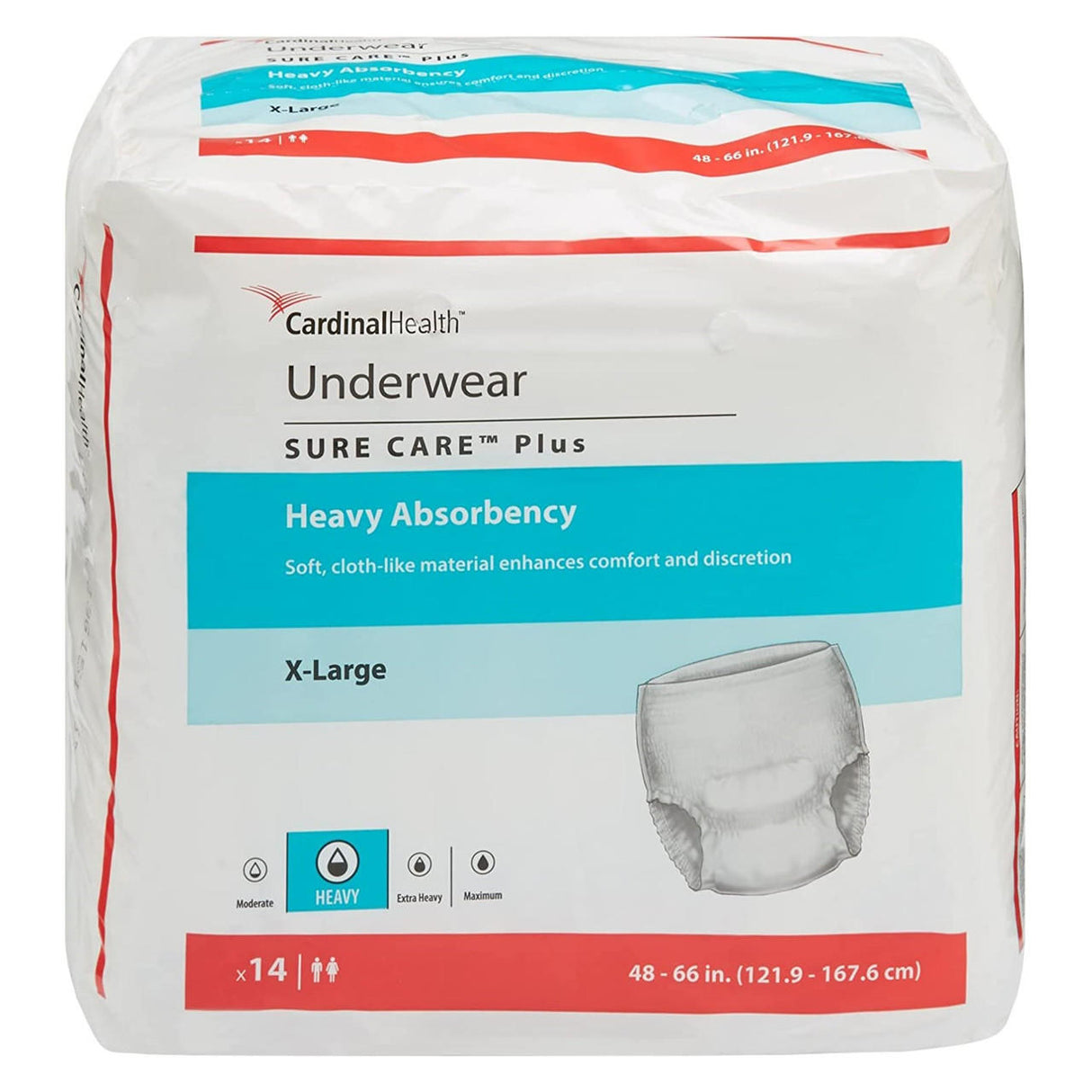 Covidien Cardinal Health Sure Care Plus Underwear, Heavy Absorbency, X-Large, fits waist sizes 48–66 in. Each pack includes 14 disposable adult protective underwear for reliable incontinence protection.
