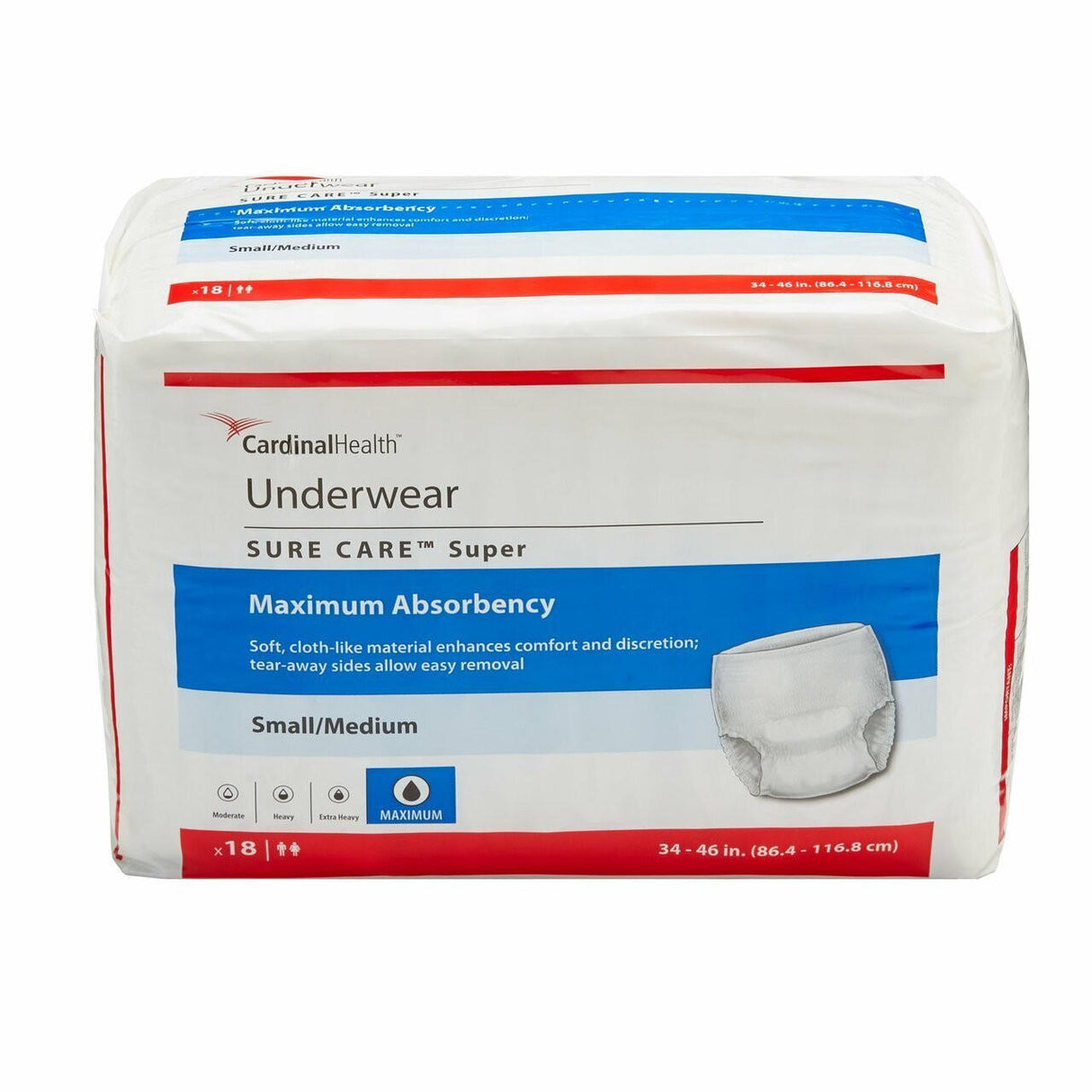 A package of Covidien Cardinal Health Sure Care Super Underwear, Maximum Absorbency, size Small/Medium, contains 18 pieces. The white pack with blue and red accents provides reliable incontinence protection with an underwear illustration.