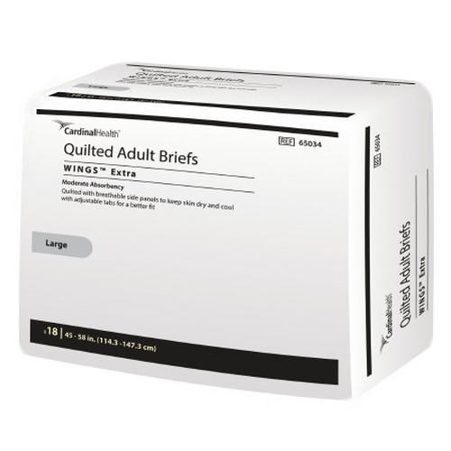 A pack of Cardinal Health Wings Extra Quilted Adult Briefs, Moderate, size Large, 18 briefs per pack. These briefs offer absorbent polymer for comfort and odor control. Packaging is mostly white with black and gray text and accents.