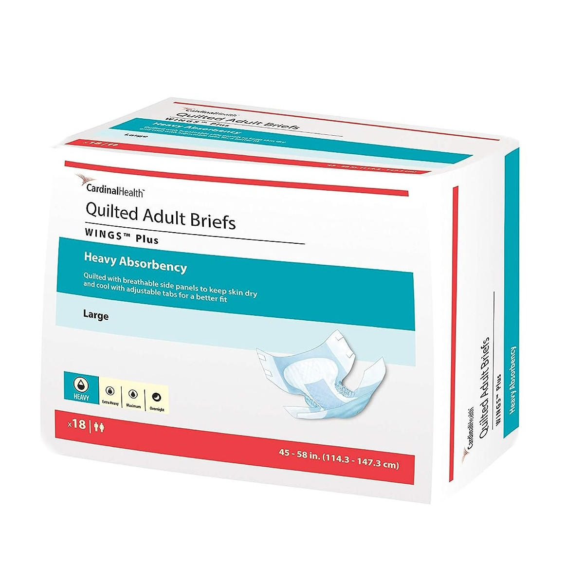 A box of Cardinal Health Wings Plus Quilted Adult Briefs, Heavy, size Large. White packaging with blue/red accents contains 18 briefs and displays a product illustration for effective incontinence management.