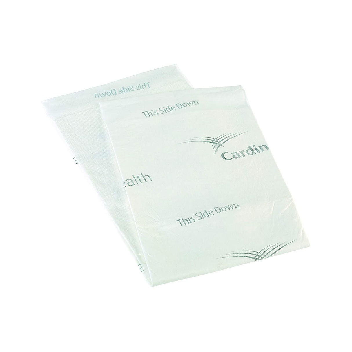 Two Cardinal Health Wings Premium Comfort Underpads, 30 x 36, with super absorbent core and green This Side Down and Cardinal Health text, are stacked against a white background.