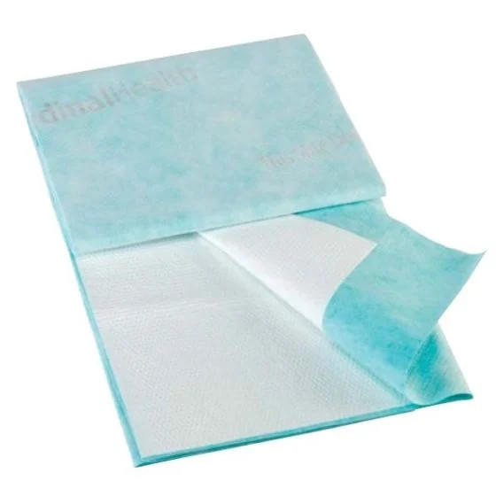 A pack of Cardinal Health Wings Premium Underpad for Repositioning, light blue and disposable, with one pad partially peeled back to show the super absorbent core and breathable backsheet beneath the white inner layer.