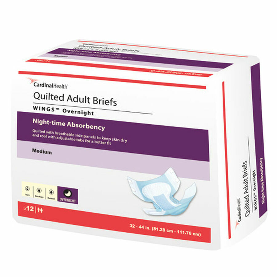 Cardinal Health Wings Quilted Adult Briefs, Overnight, medium (32–44 waist), provide maximum absorbency for heavy incontinence. Each pack contains 12 briefs and displays a product diagram on the packaging.
