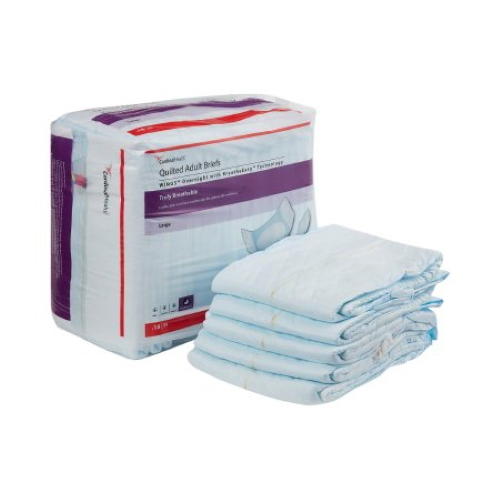 A package of Cardinal Health Wings Quilted Adult Briefs, Overnight is shown, with several unfolded disposable briefs beside it. The mostly white pack with purple accents highlights maximum absorbency for heavy incontinence protection.