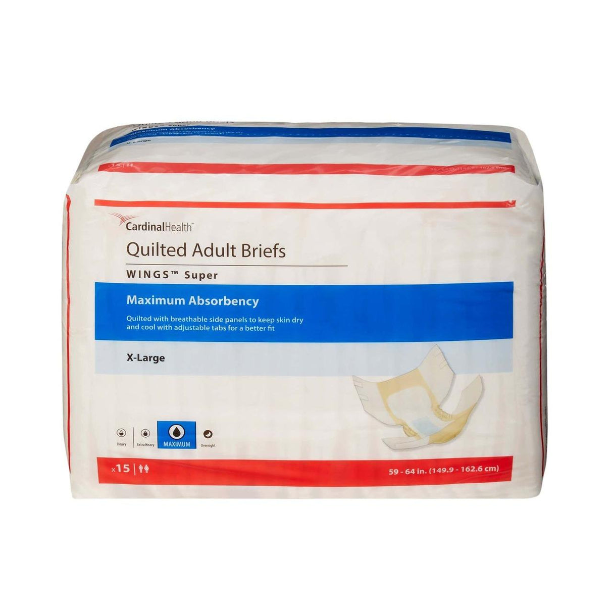 Cardinal Health Wings Quilted Adult Briefs, Super, X-Large, feature a super-absorbent core. The white packaging has blue and red accents and shows an illustration of the brief.