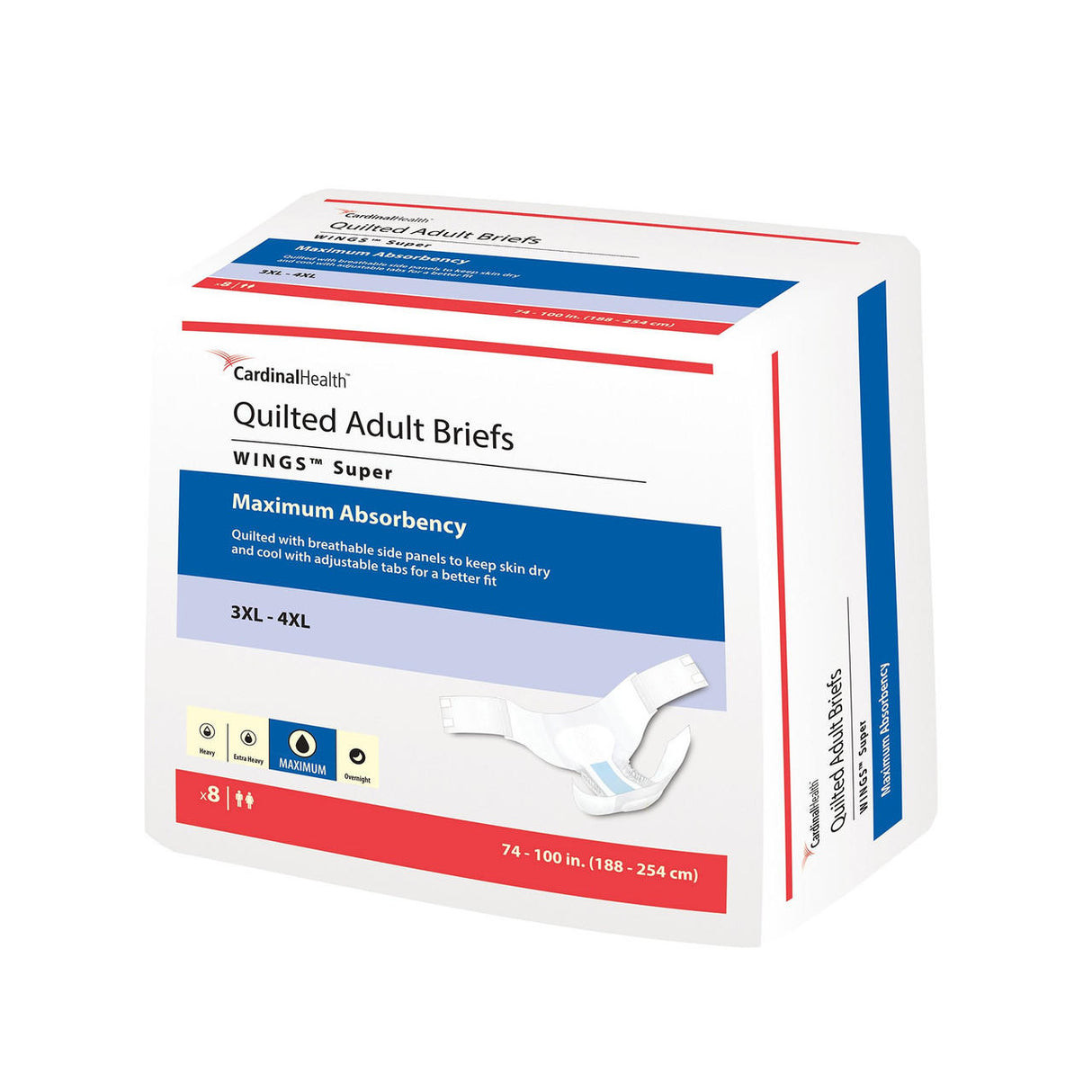 Cardinal Health Wings Quilted Adult Briefs, Super, 3XL–4XL, fit waists 74–100, offer maximum absorbency with a super-absorbent core. Each pack contains 8 briefs and displays an image of the product on the package.