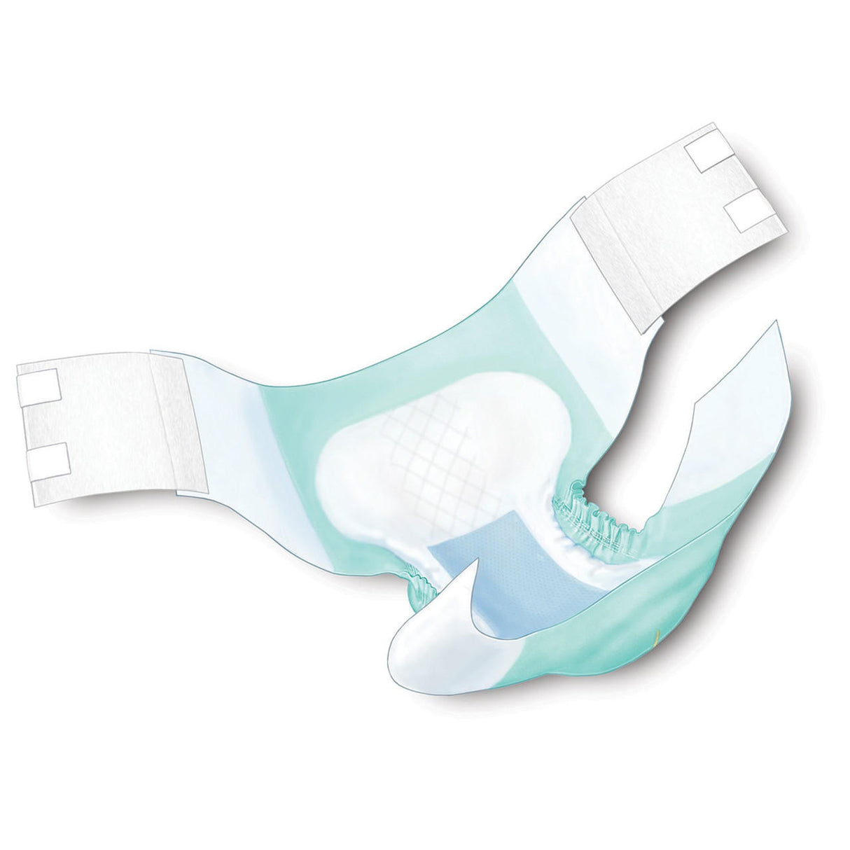 An illustration of Cardinal Health Wings Quilted Adult Briefs, Super shows an open disposable white brief with blue and green shading, adhesive side tabs, elastic leg cuffs, and a super-absorbent core for advanced protection.