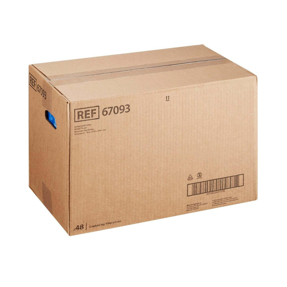 A plain brown cardboard box with printed reference numbers, a barcode, and a blue handhold cutout contains Cardinal Health Wings Quilted Adult Briefs, Super. The box is taped shut and photographed against a white background.