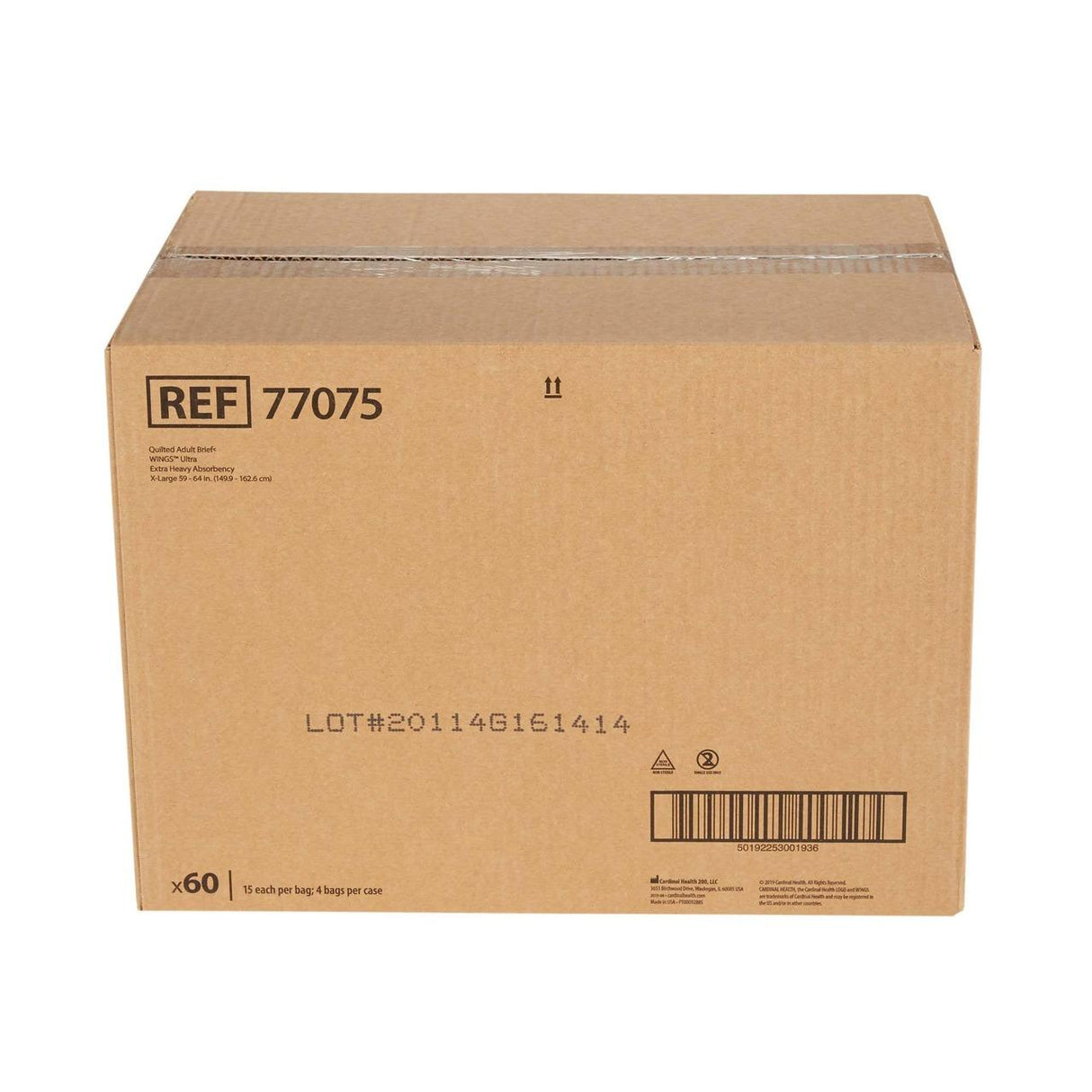 A large brown cardboard box labeled with product info, barcodes, and lot number contains Cardinal Health Quilted Adult Briefs Wings Ultra Truly Breathable, Extra Heavy for incontinence. The sealed box is set against a white background.