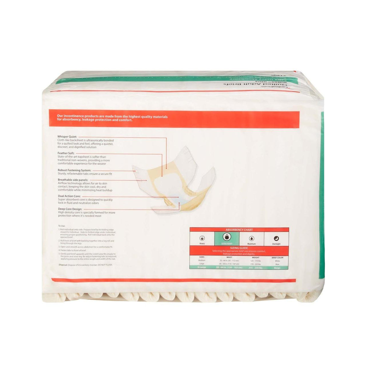 The image displays Cardinal Health Quilted Adult Briefs Wings Ultra Truly Breathable, Extra Heavy in a white and green package with a red label, product details, a diaper layer diagram, and info on its super absorbent protection.