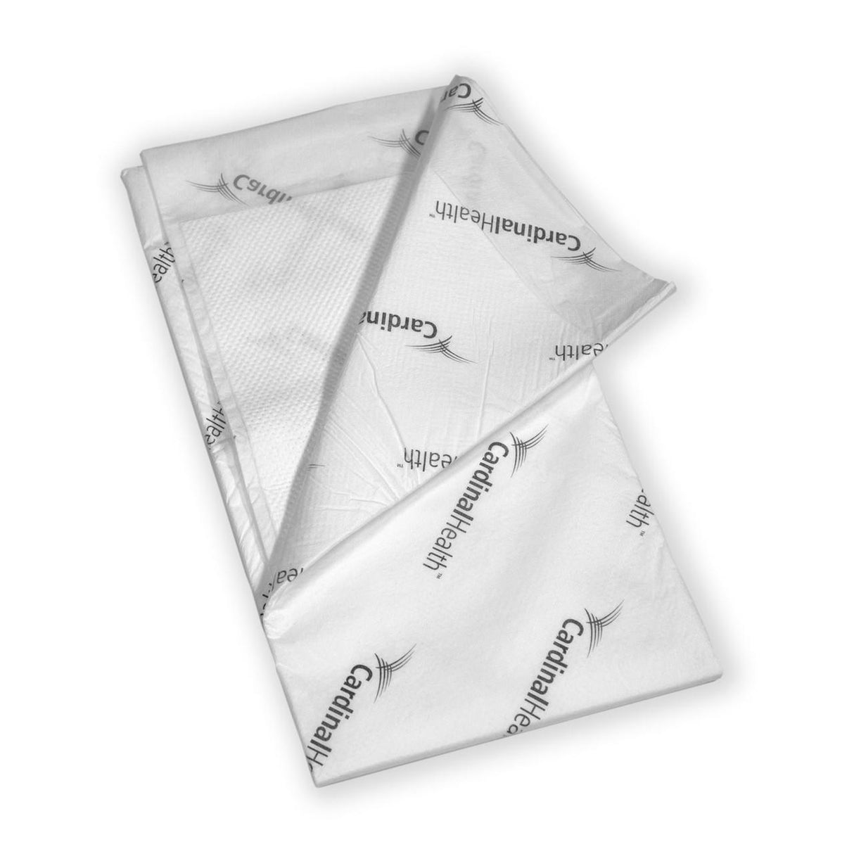 The Cardinal Health Wings Quilted Premium Comfort XXL Underpads, 40 x 57, are shown partially unfolded to reveal absorbent layers and maximum absorbency, with the Cardinal Health logo visible on a white background.