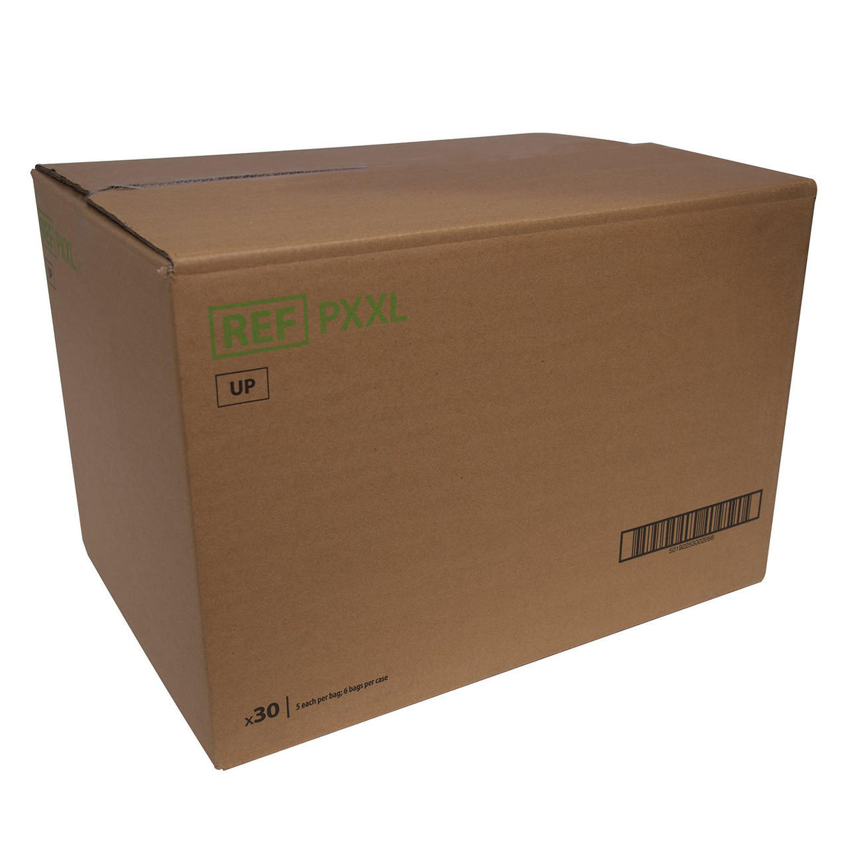 A large brown cardboard box with green and black labels, including REF PXXL and a barcode, contains Cardinal Health Wings Quilted Premium Comfort XXL Underpads (40 x 57). The sealed box sits against a white background.