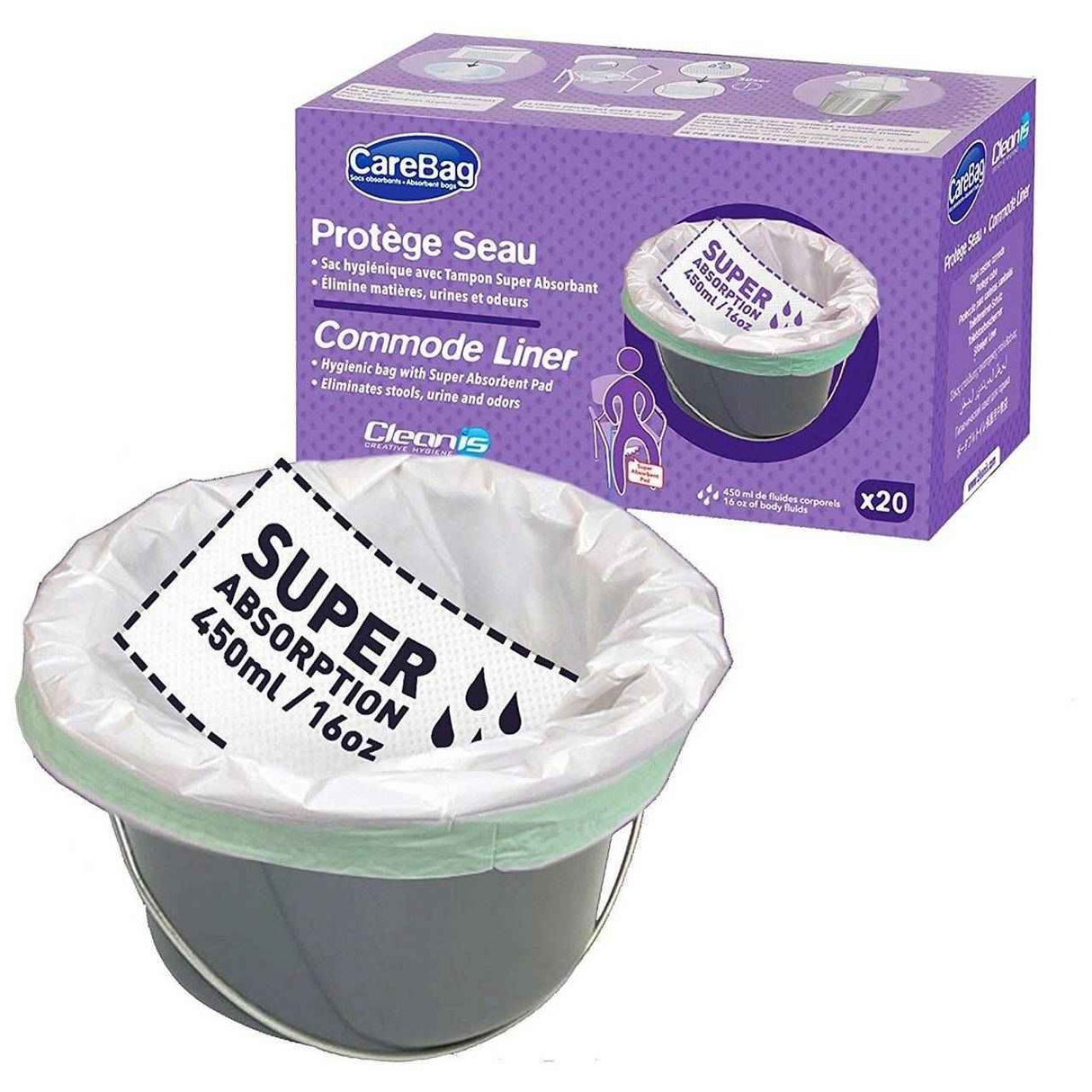 A box of Cleanis Carebag Oxo-Biodegradable Commode Liner with Super Absorbent Pad (absorbs 450ml/16oz, 20 liners per box) is displayed next to a commode fitted with a liner.