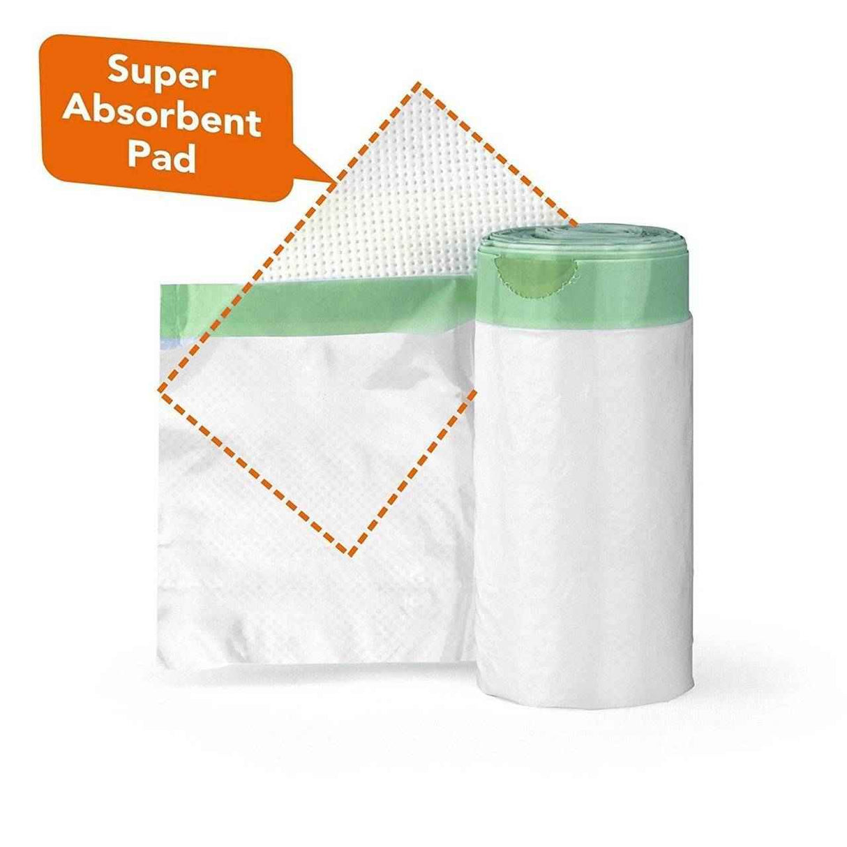 A roll of Cleanis Carebag Oxo-Biodegradable Commode Liners with green tops is displayed beside a single unfolded bag. An orange label notes the Super Absorbent Pad inside each liner.