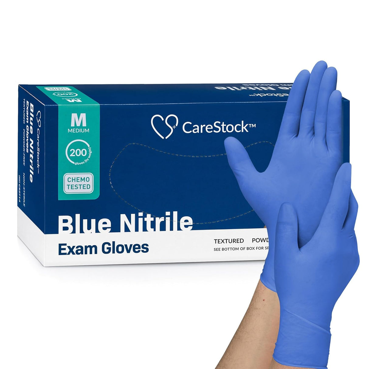A box of CareStock Nitrile Exam Gloves, Textured Fingertips, Blue, labeled medium is shown with hands wearing powder-free gloves. The box states 200 latex-free gloves and is chemo tested.