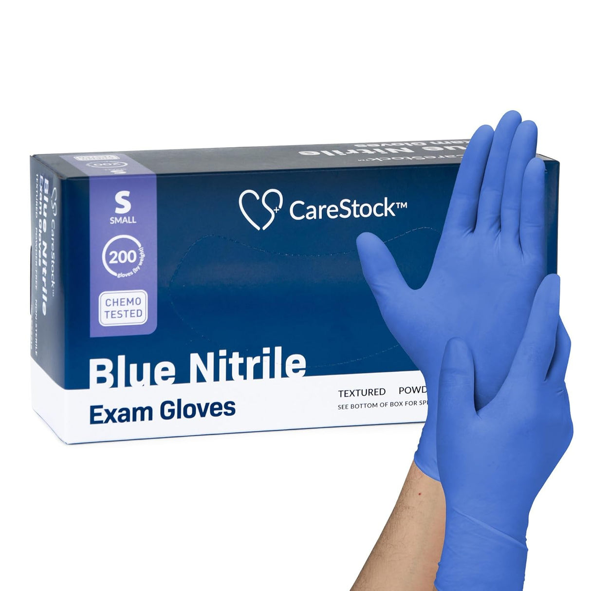 A box of CareStock Nitrile Exam Gloves, Textured Fingertips, Blue in size Small shows one hand wearing and another pulling on a powder-free glove in front of the box.