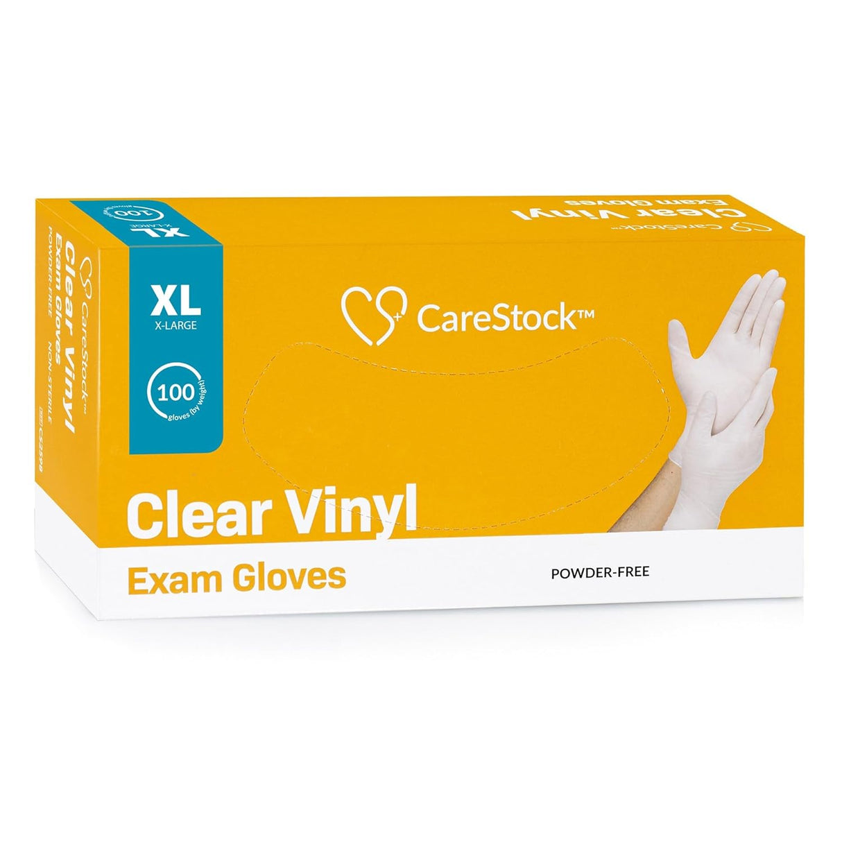 A box of CareStock Vinyl Exam Gloves, Standard Cuff, Clear, size XL. Contains 100 powder-free, latex-free gloves. The yellow and white box shows hands wearing clear vinyl exam gloves.