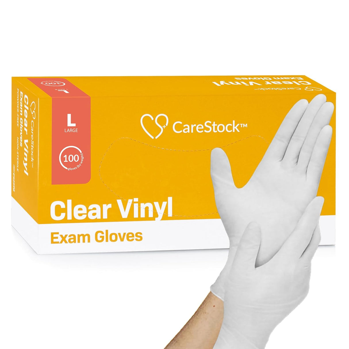 A box of CareStock Vinyl Exam Gloves, Standard Cuff, Clear in size large with a yellow and white design is shown. A hand in front wears comfortable, powder-free, latex-free gloves from the CareStock brand.