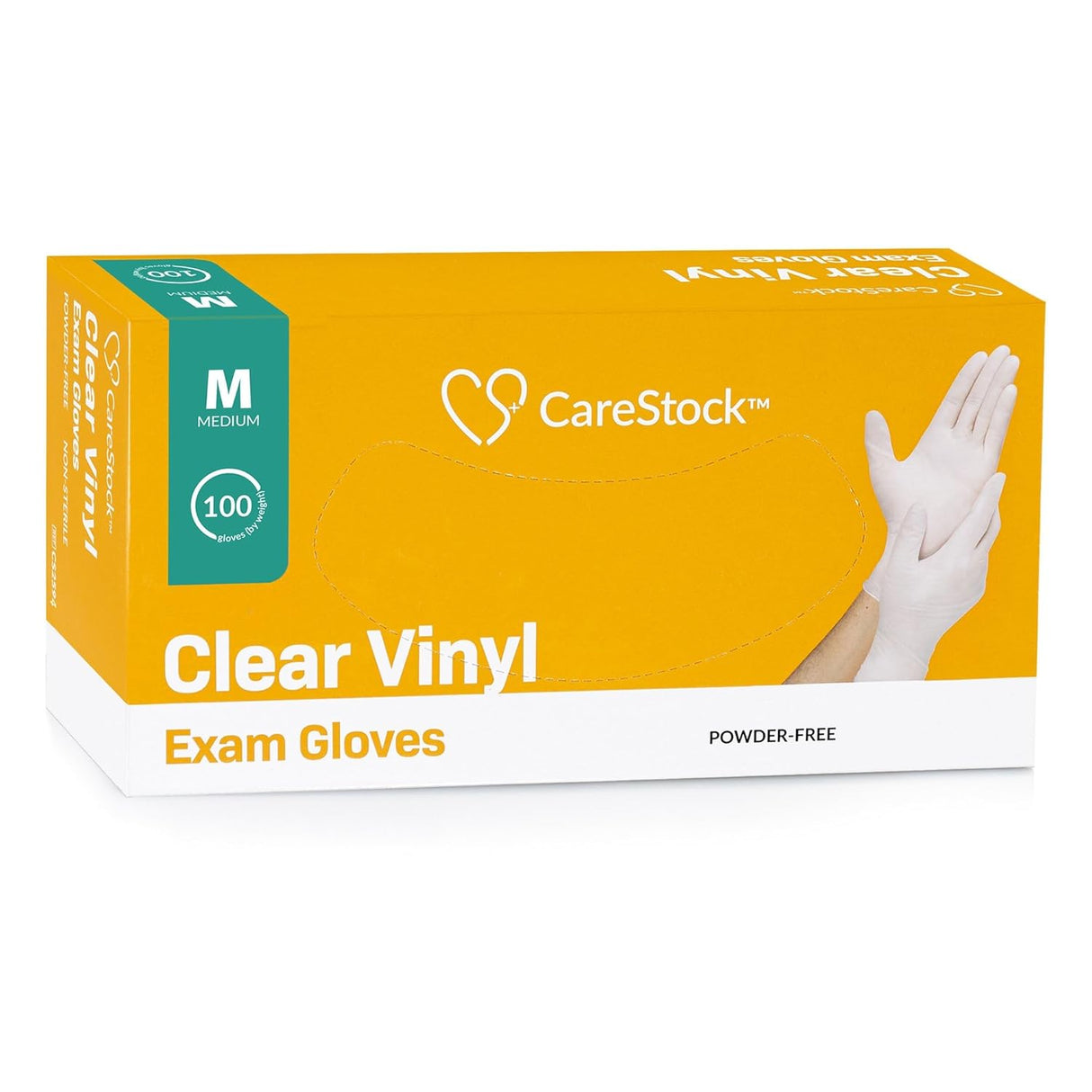 A box of CareStock Vinyl Exam Gloves, Standard Cuff, Clear, size medium. Contains 100 powder-free, latex-free gloves. The yellow and white CareStock box shows hands putting on a glove.