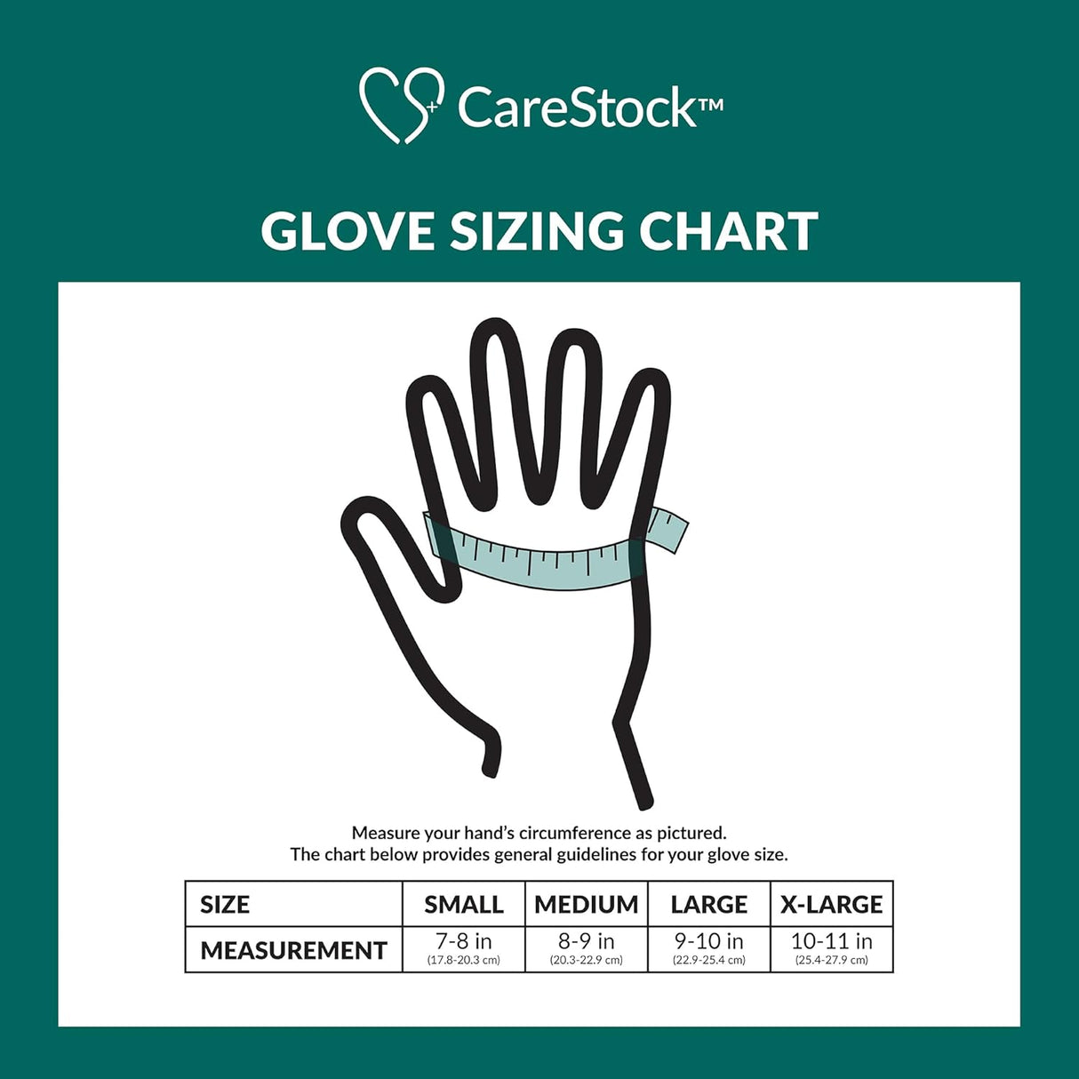 Illustration showing how to measure hand circumference for sizing CareStock Vinyl Exam Gloves, Standard Cuff, Clear by CareStock. Size chart below lists small to extra-large options in inches for those needing latex-free or powder-free gloves.