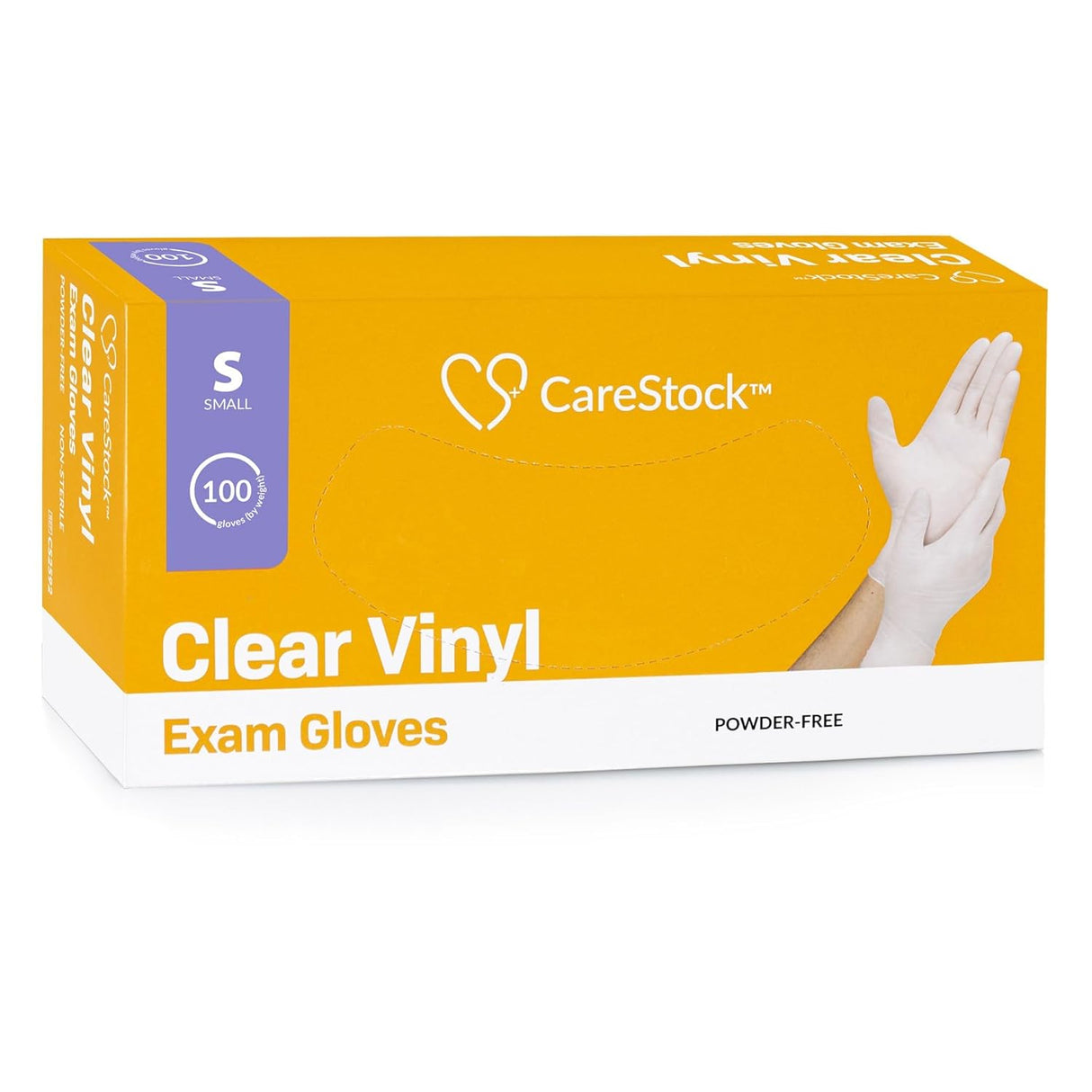 A yellow and white box of CareStock Vinyl Exam Gloves, Standard Cuff, Clear, size small, latex-free and powder-free, contains 100 gloves. The box shows an image of hands putting on a glove.