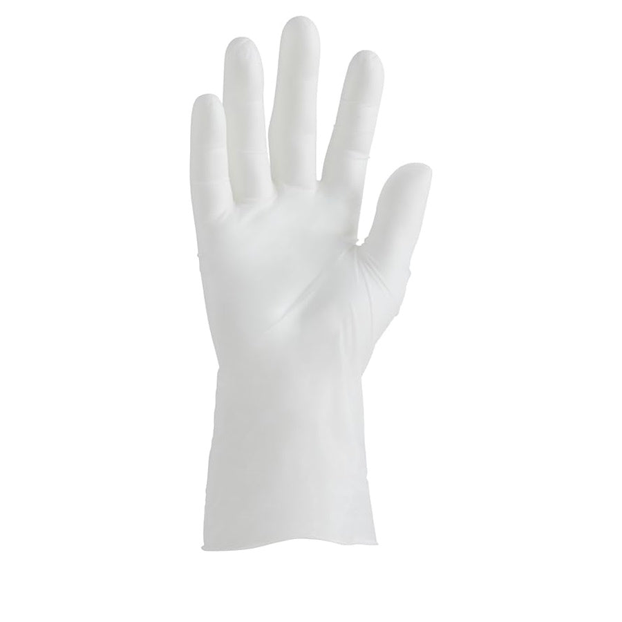 A single CareStock Vinyl Exam Glove, Standard Cuff, Clear, is displayed upright with fingers extended against a plain white background.