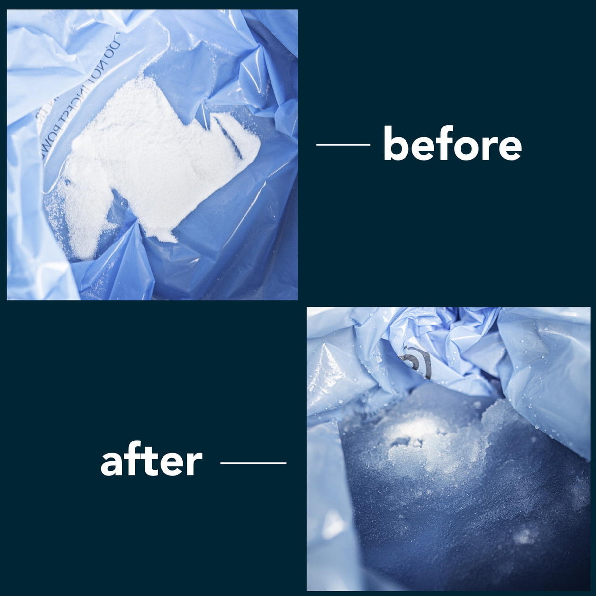 Two images show a Carex Commode Liner by Carex: first as a plastic bag with white powder (before), then with the powder transformed into a wet, clumped form (after), demonstrating the liners effective absorbent action.