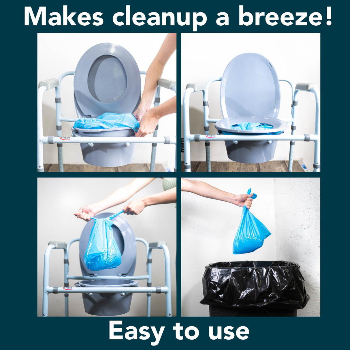 Four images show a person lining a commode with Carex Commode Liners, removing the filled liner, and throwing it away. Text reads: Carex makes cleanup easy and mess-free! Simple to use.