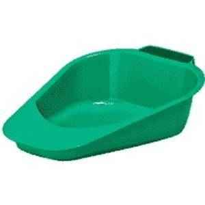 The Carex Fracture Bed Pan, 47 oz, is a lightweight green plastic pan with a wide rim and spout for easy use and cleaning, ideal for bedridden patients in healthcare settings.