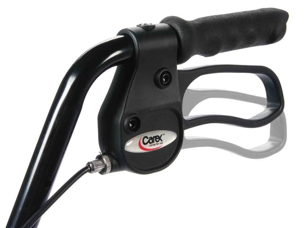 Close-up of a textured black handlebar with lockable hand brakes on the Carex Rolling Walker by Carex.