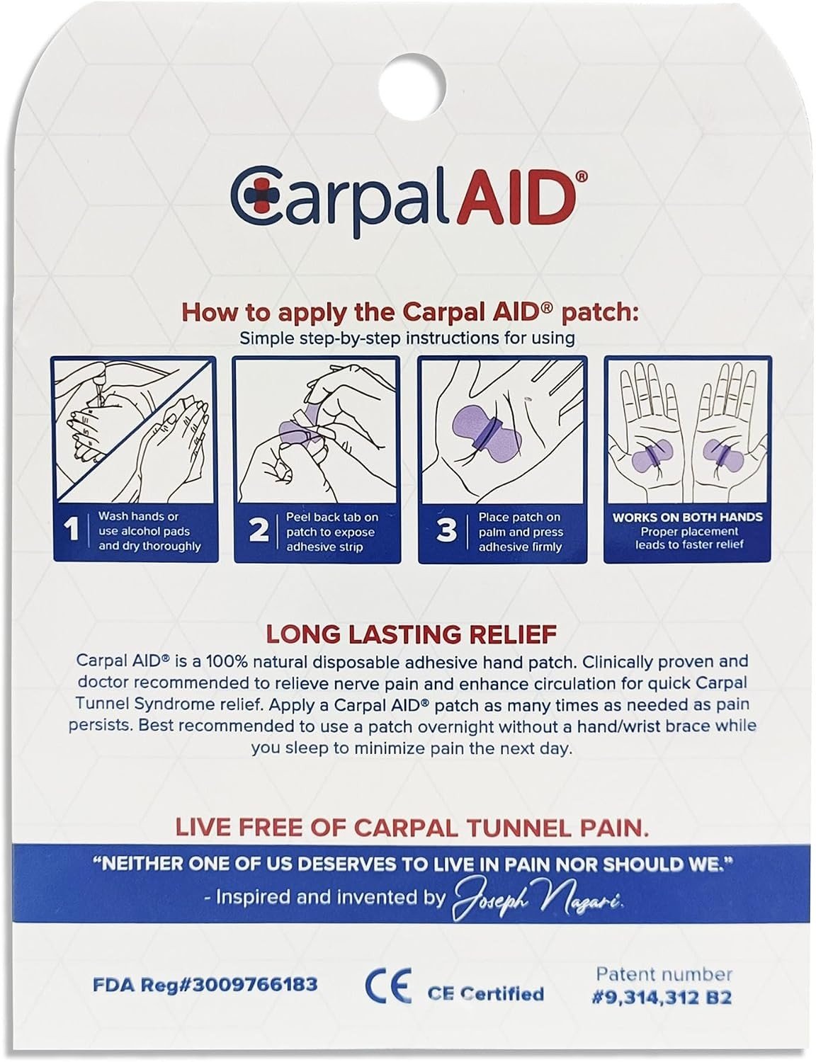 Carpal AID Carpal Tunnel Support Hand Patches, 30 Count - CA-30PK UNI-Pack - LL Medico