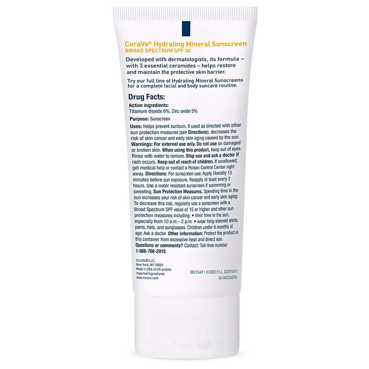 CeraVe Hydrating Mineral Sunscreen for Face, SPF 50, 2.5-ounce Tube - 60600051503-Single - LL Medico
