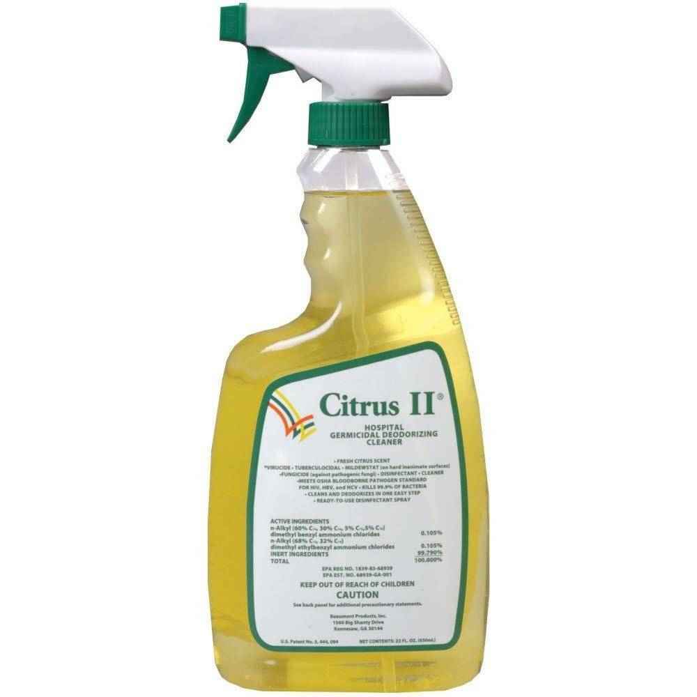 A 22 oz spray bottle of Beaumont Products Citrus II Germicidal Deodorizing Cleaner features a green and white trigger, yellow liquid, and a white label with product information as a powerful disinfectant cleaner.