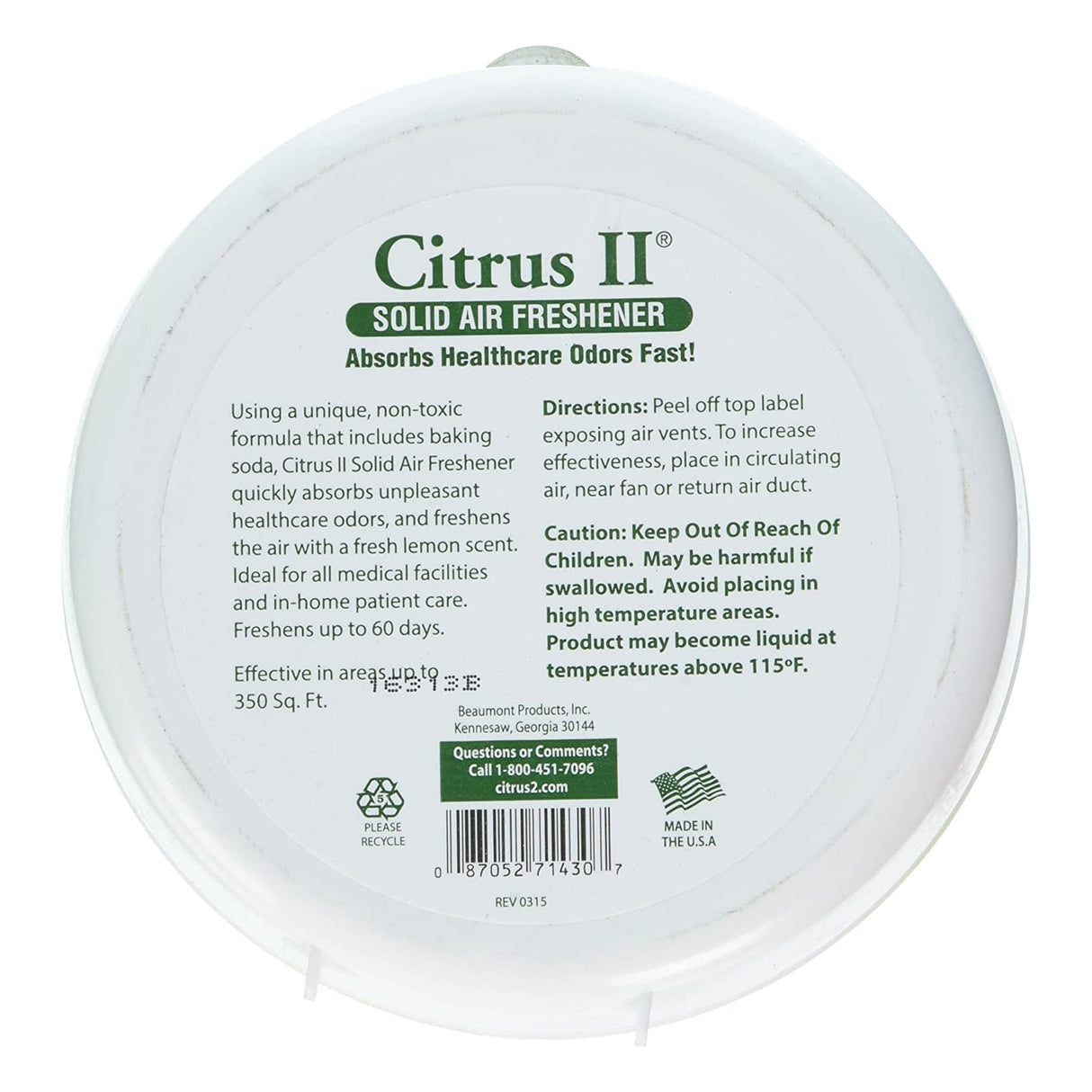 Citrus II Solid Air Freshener Odor Eliminator, Lemon Scent, 8 Oz - 636471430-Single - LL Medico