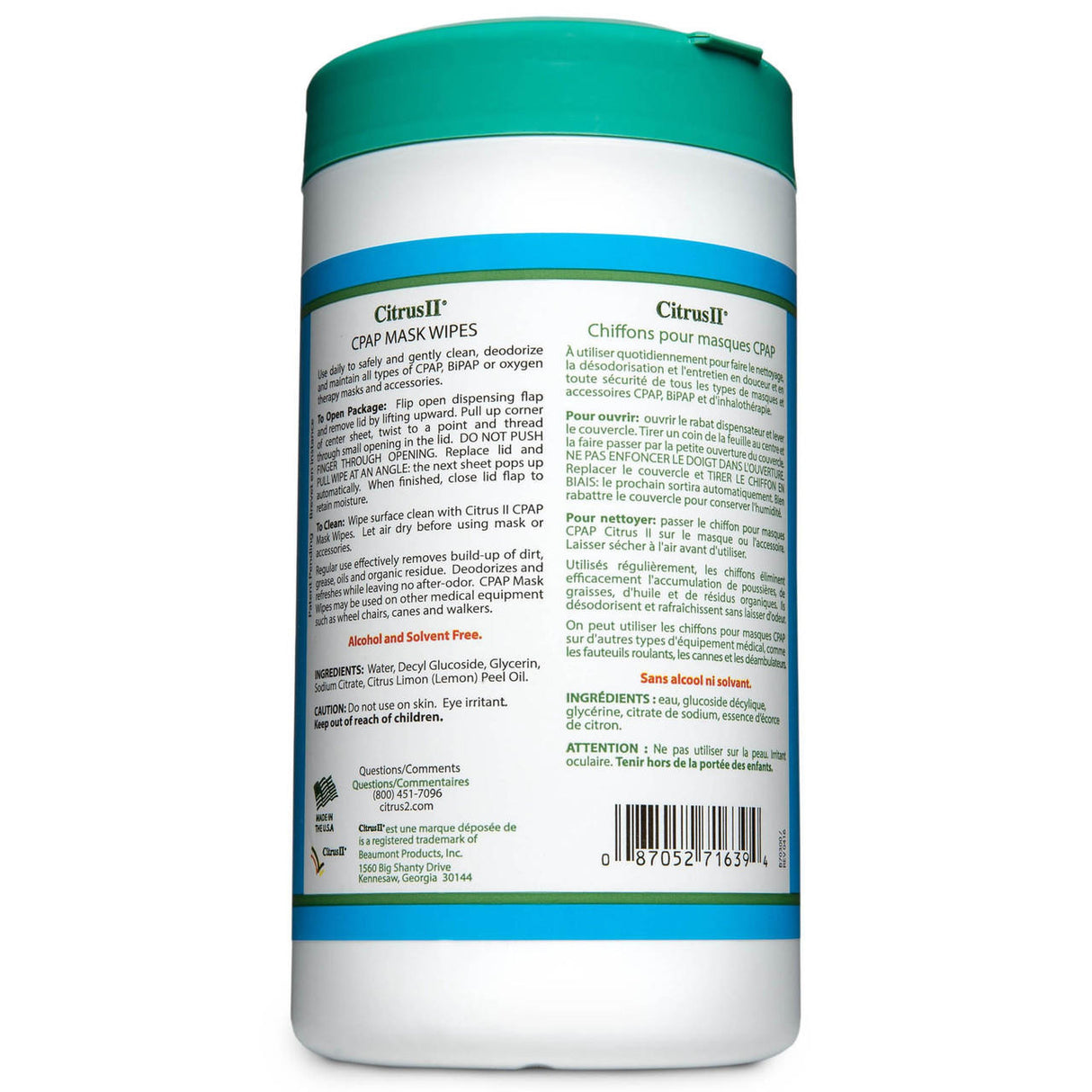 A container of Beaumont Products Citrus II CPAP Mask Cleaning Wipes - Disposable, Citrus Scent, featuring a green lid. The back details usage, ingredients, warnings, English/French text, contact info, and has a barcode—ideal for gentle CPAP mask cleaning.