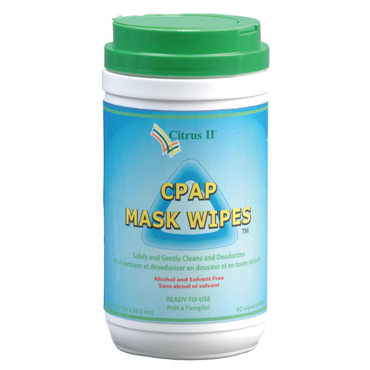 A container of Citrus II CPAP Mask Cleaning Wipes by Beaumont Products, with a green lid and blue-green label. The label highlights CPAP Mask Wipes in yellow and notes they are alcohol and solvent free, with a citrus scent.