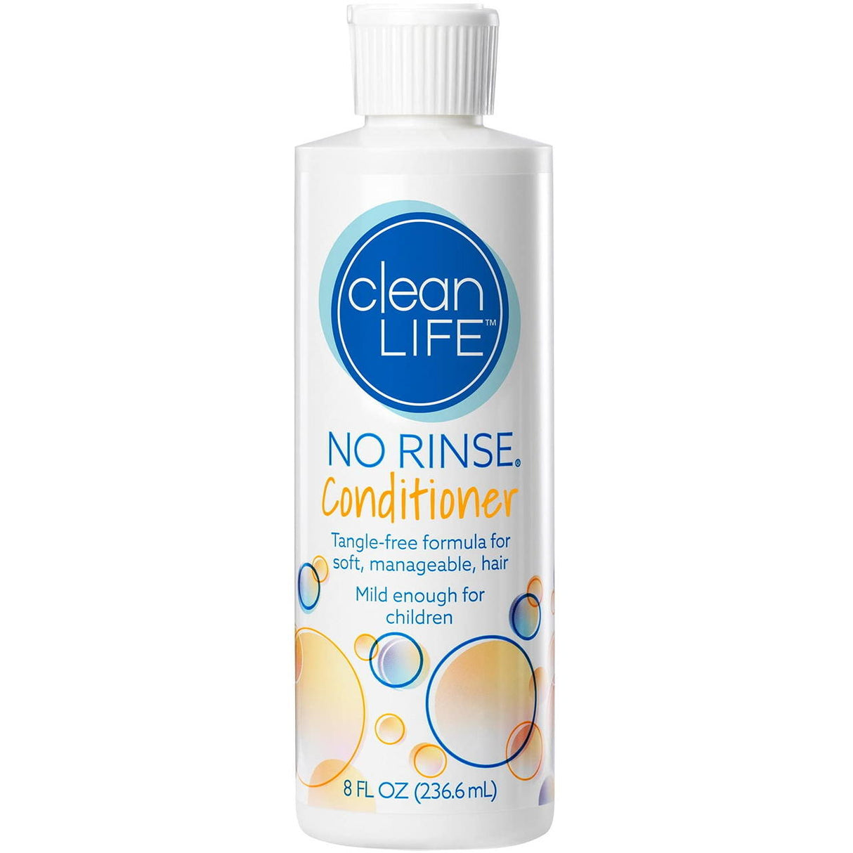 A white 8 oz CleanLife No Rinse Conditioner bottle with blue and orange text and bubble graphics. The label highlights its tangle-free formula and that its a mild, no-rinse hair conditioner suitable for children.